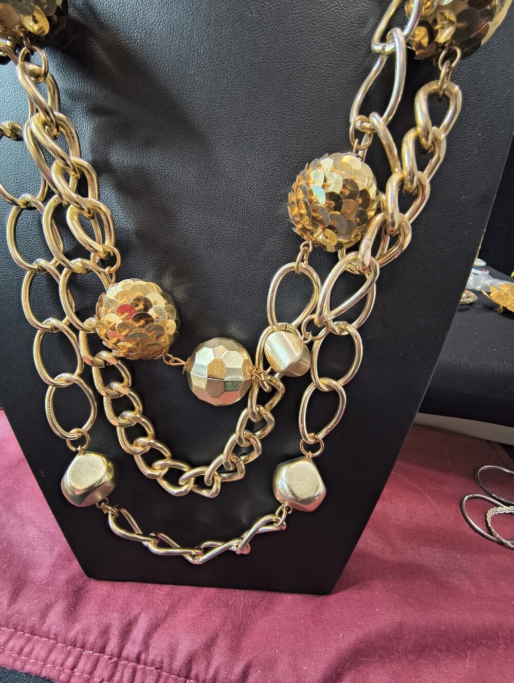 Vintage 1980s Gold Statement Necklace Triple Suede Cord Multi Strand Chunky - Picture 9 of 11